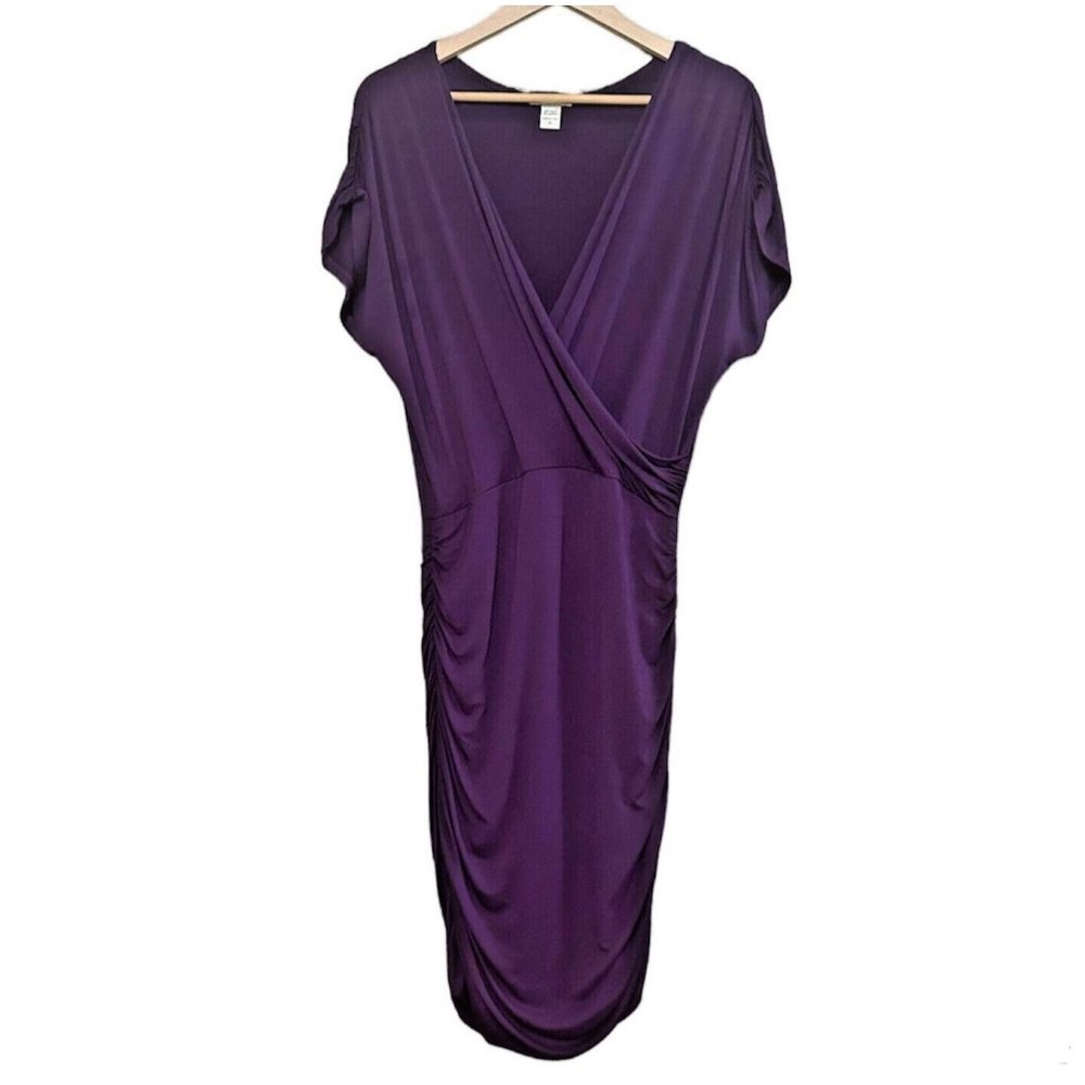 Bar III Dress Purple Stretch Bodycon Drape Top Fitted Ruched Short Sleeve Size M